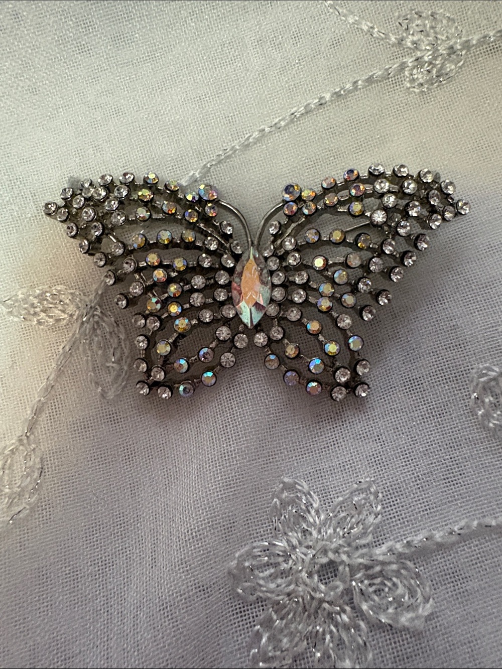 Delicate Crystal Butterfly Pendant Broach - Silver Tone